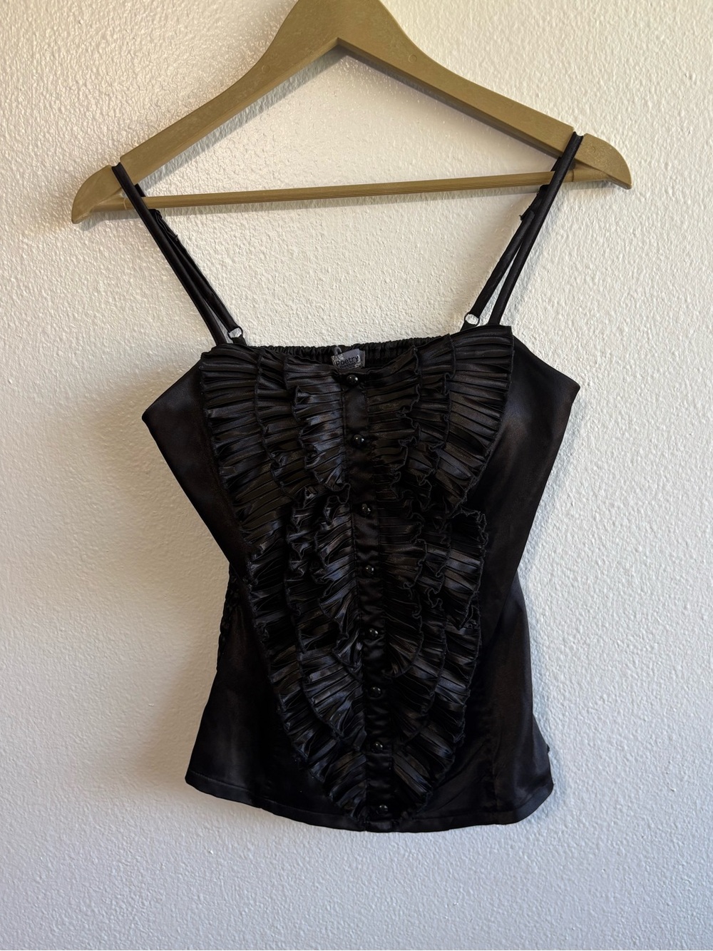 Vintage Y2K Poetry Sz Large Black Satin Ruffle Smocked Cami‎ Top Whimsical Fairy